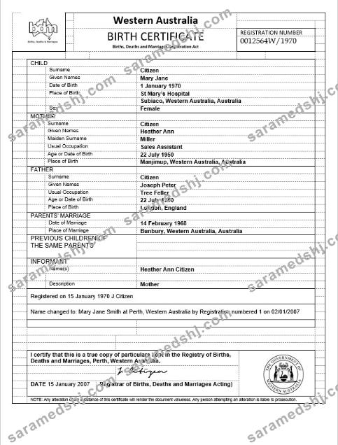 Australia Western Australia birth certificate template in Word format, version 3